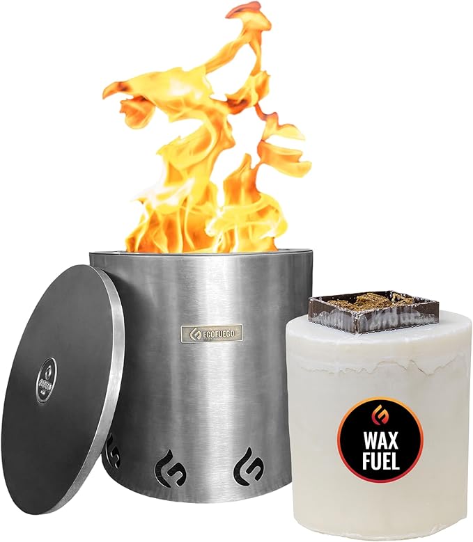 Stainless steel fire pit with wax fuel container on a white background