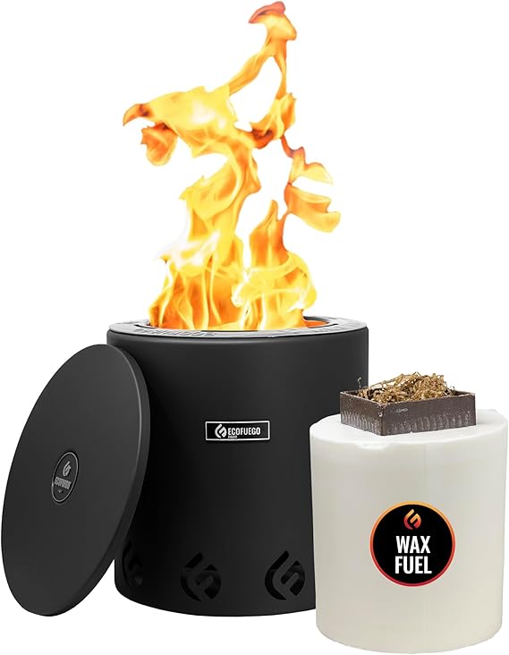 Black portable fire pit with flames and a container labeled 'Wax Fuel' on a white background