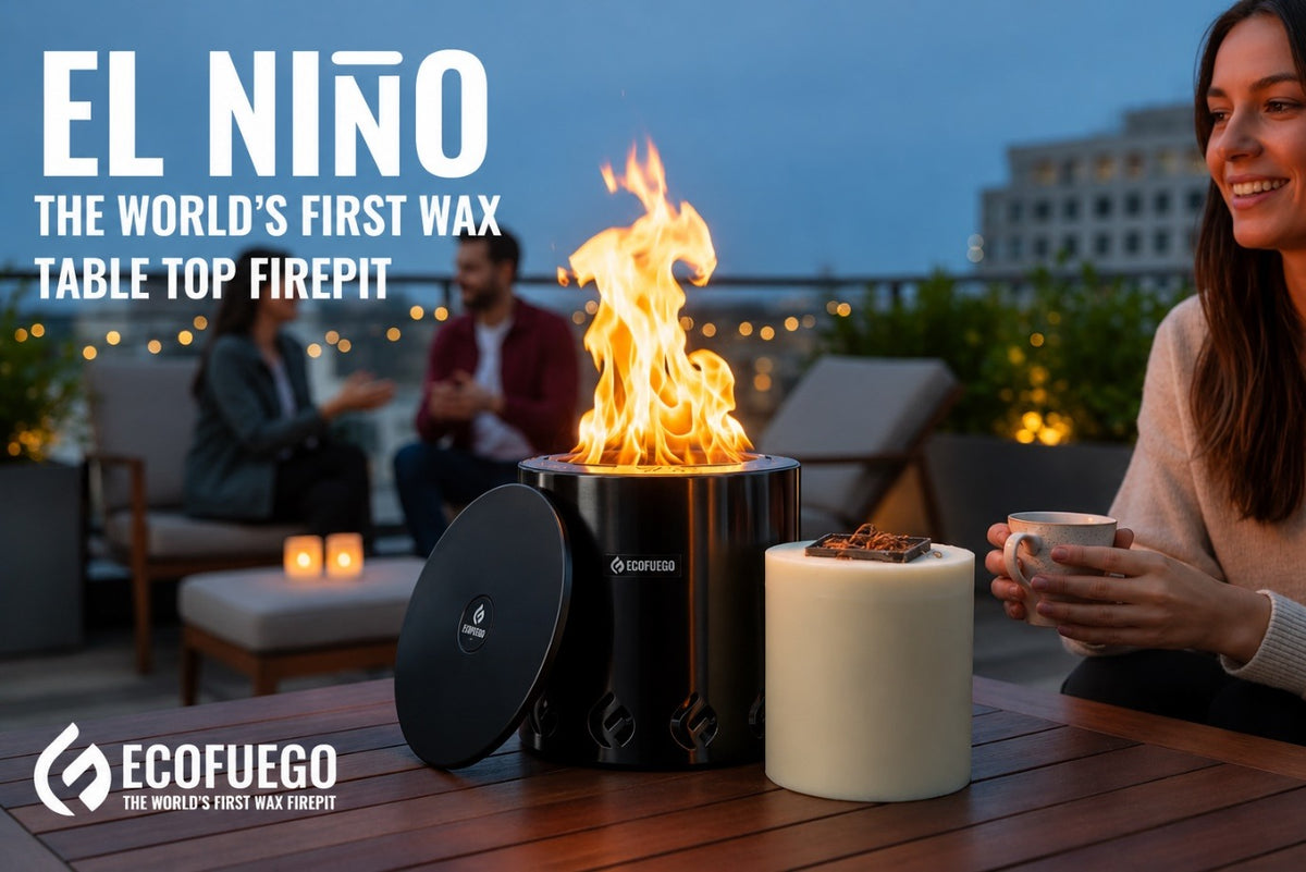 El Niño table top fire pit burning on a rooftop table at dusk