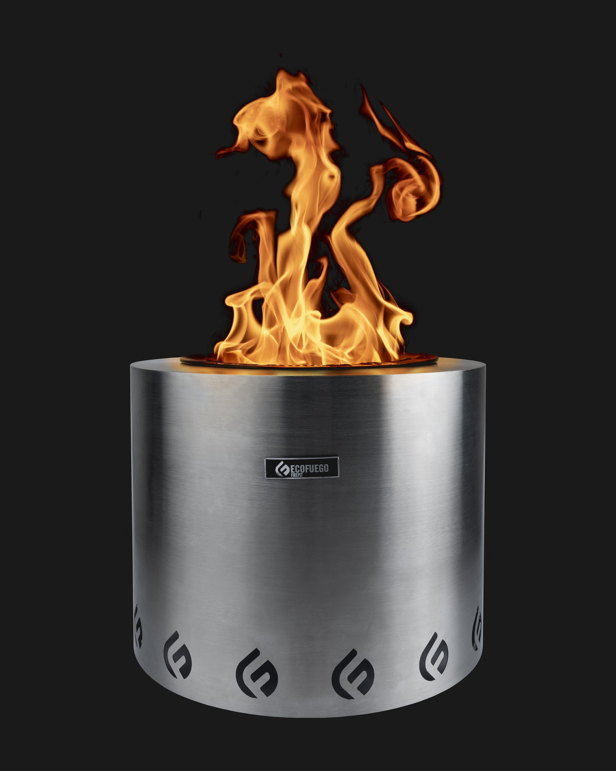 EcoFuego fire pit at full flame against black
