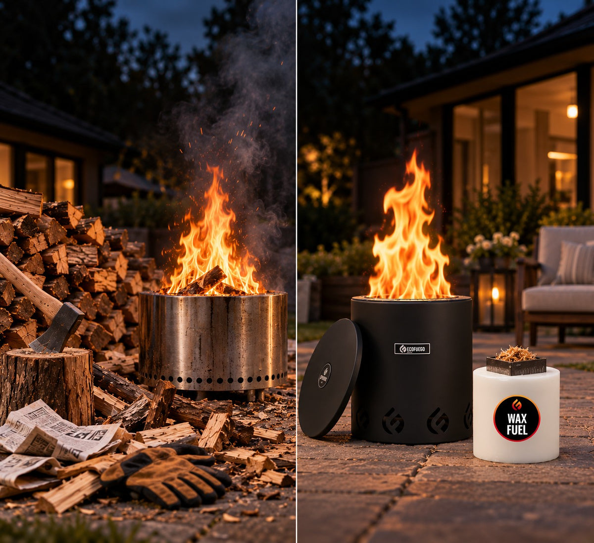 Left: a wood-burning fire pit alight, throwing smoke and sparks, surrounded by a woodpile, an axe, split kindling, newspaper and work gloves. Right: an ECOFUEGO El Campo burning a clean vertical flame on a tidy patio, its lid propped against it and a block of plant wax beside it.